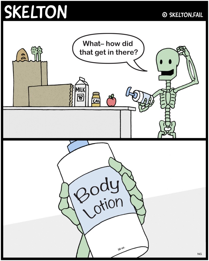 Skelton shopping bag with lotion in it.