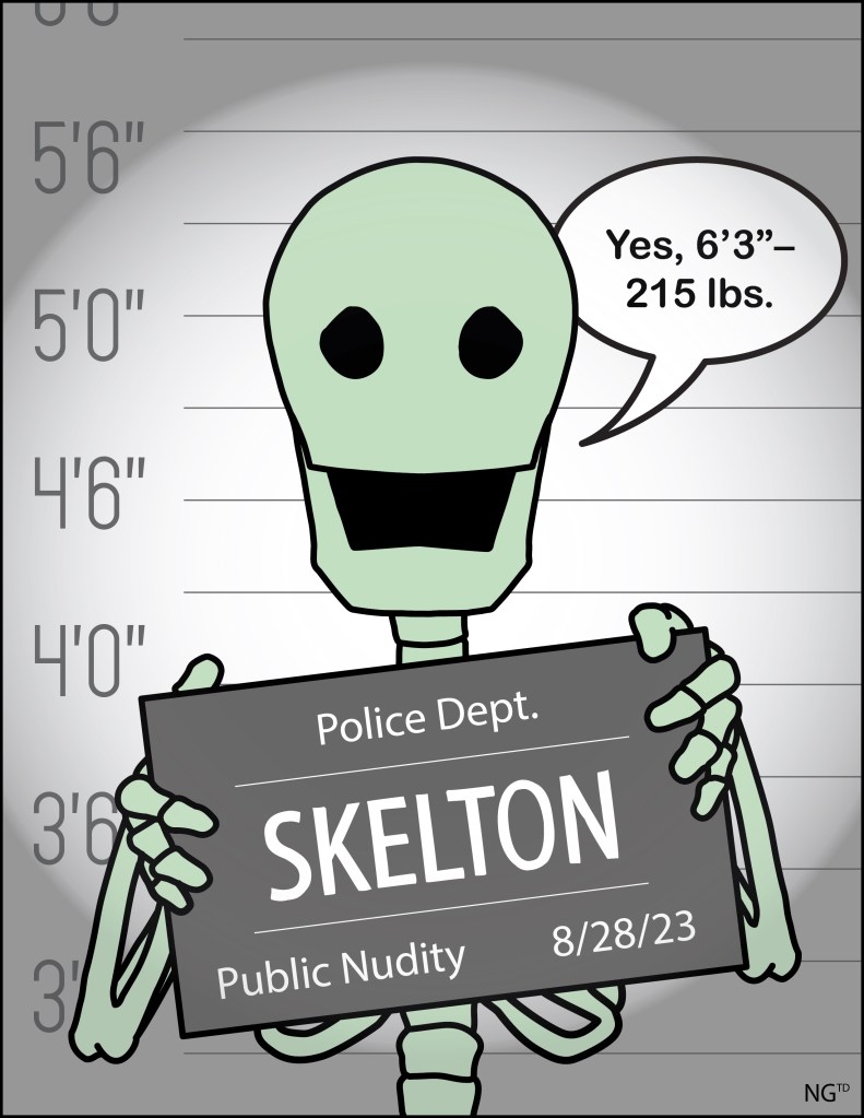 Skelton holding a mug shot placard.