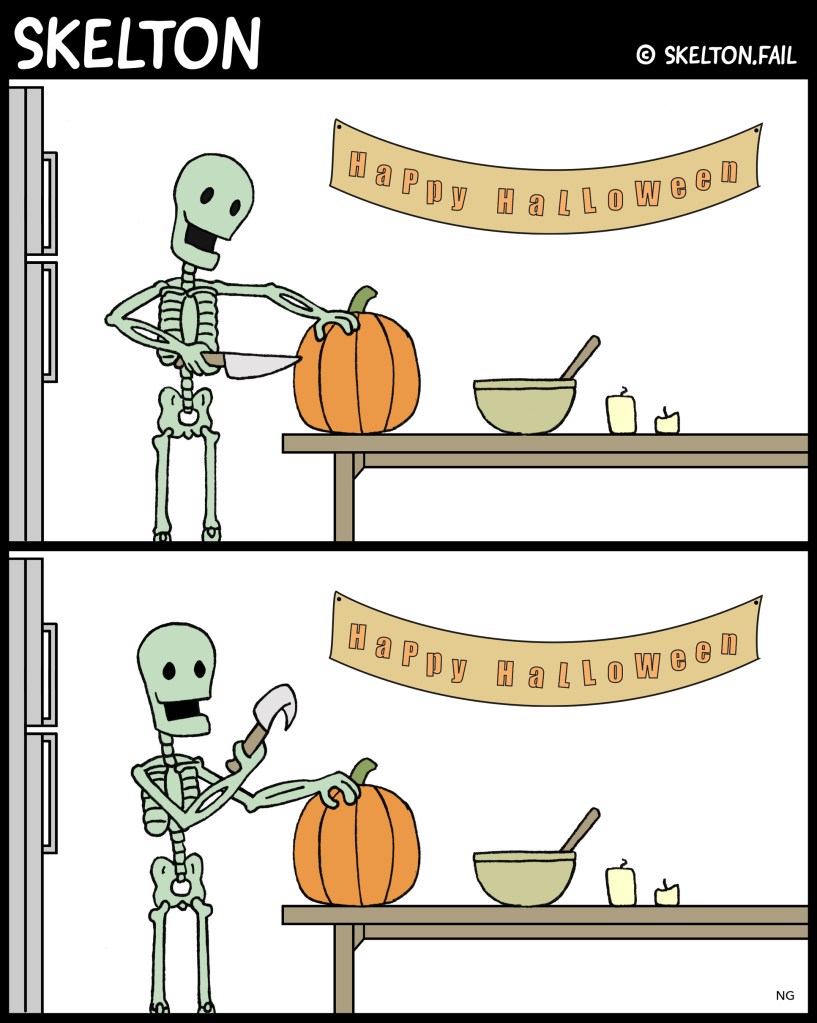 Skelton trying to carve a pumpkin with a knife