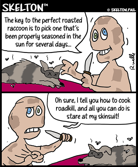 skeleton in skin suit