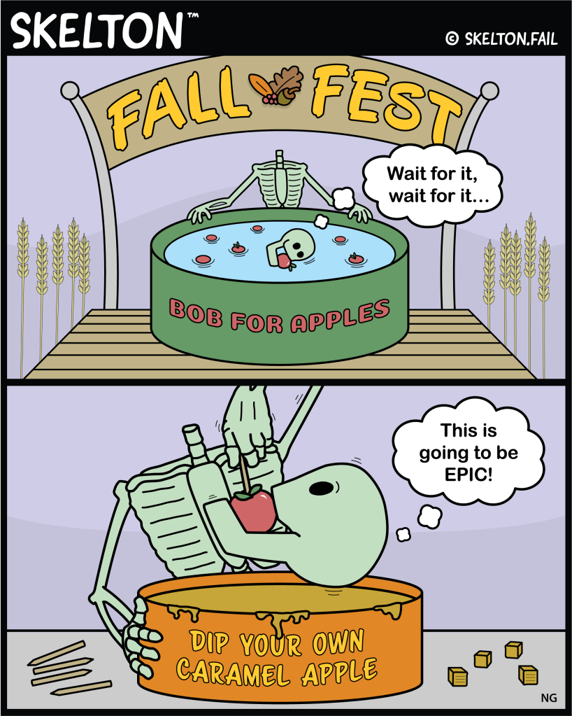 Skelton bobbing for apples and dipping his head in caramel.