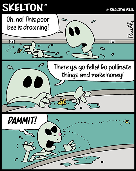 Skeleton rescues bee from pool
