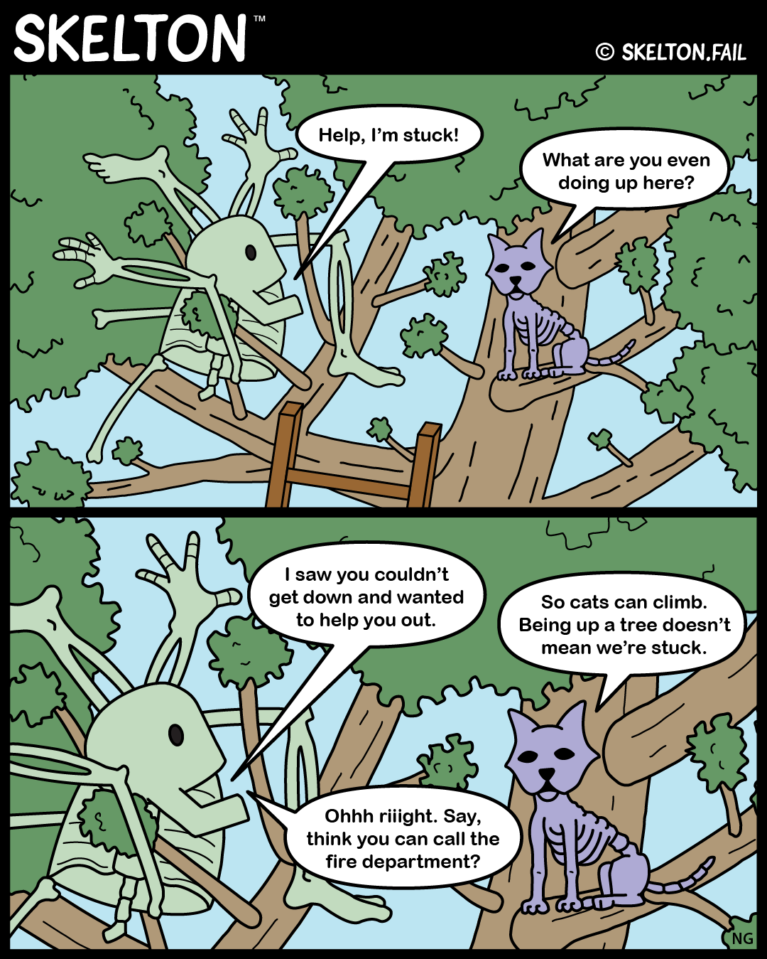 Skelton climbs a tree to rescue Skellekitty, but Skellekitty was never stuck and now Skelton is.