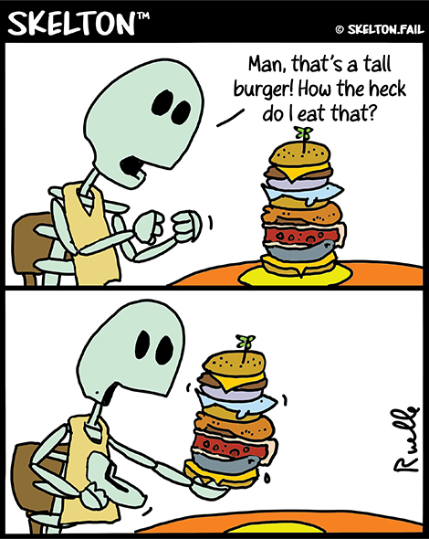 skelton with a monster hamburger