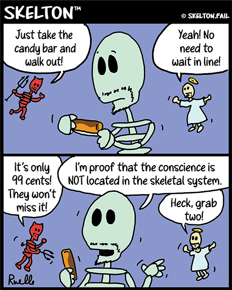 Skelton with moral dilemma