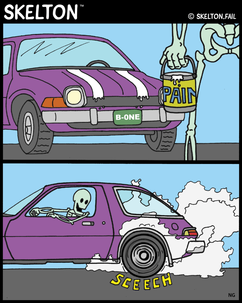 Skelton paints stripes on his car and does a burnout.