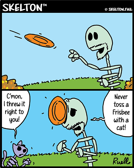 Skeleton playing frlsbee