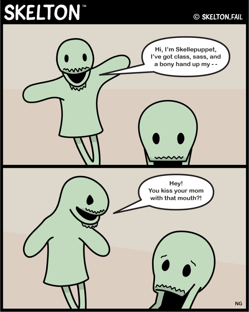 Skelton is manipulating a hand puppet, only to have it take offense to what he's making it say.