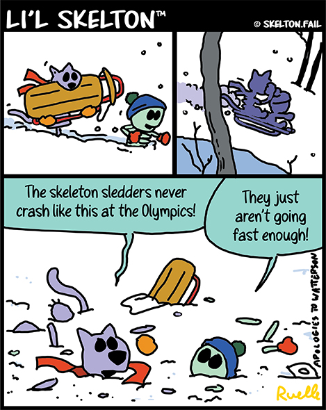 Skeleton kid and cat sled like Calvin and Hobbes