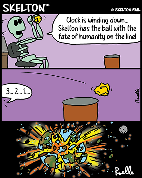 Skeleton plays paper wad basketball
