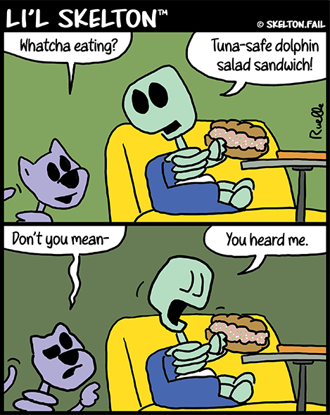 Skelton eats tuna safe dolphin