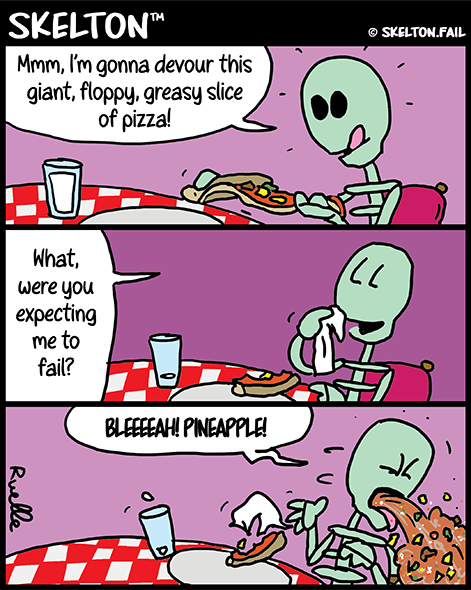 Skeleton enjoying pizza