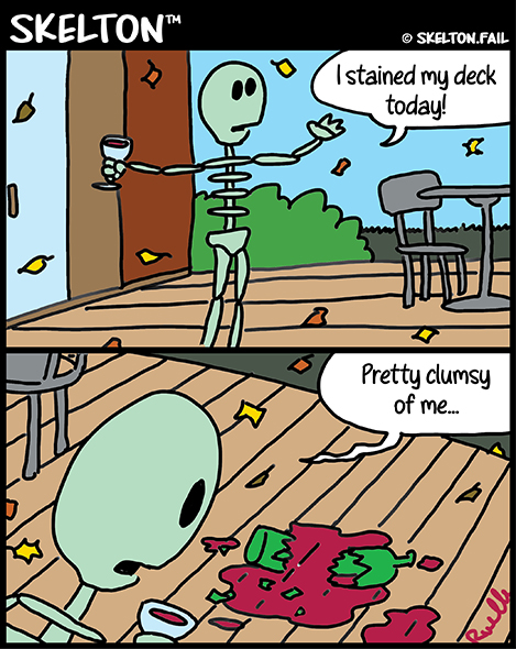 Skeleton spills wine on the deck