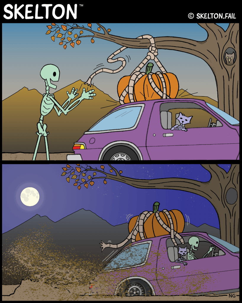 Skelton and Skelekitty get their car stuck in the mud trying to bring hoe their uber-sized pumpkin.